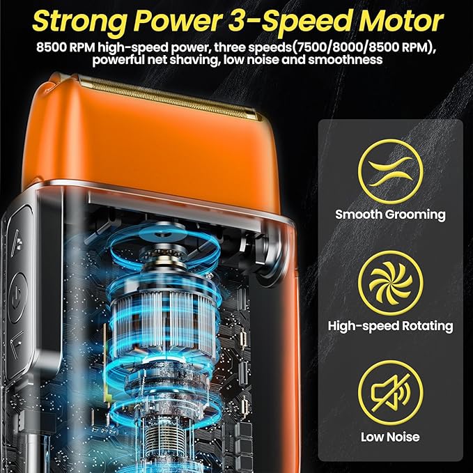 Electric Foil Shavers for Men, 3 Speed Electric Razor for Men, High Speed Dual Floating Blades, IPX7 Waterproof Wet & Dry, LED Display, USB Type C Charging, Foil Razor for Face/Beard/Head (Orange)