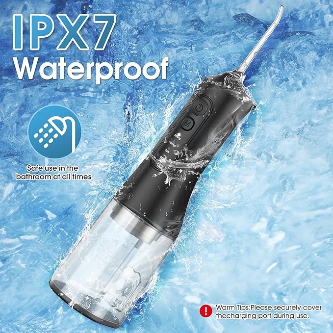 Water Flosser, Rechargeable 300ML IPX7 Waterproof Cordless Portable Oral Irrigator with 4 Modes & 6 Replaceable Jet Tips-Professional Flossing Cleaner for Daily Home Use,Travel,Gums,Braces Care-Black
