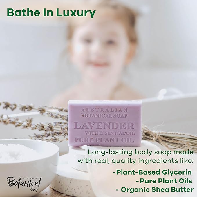 Australian Botanical Soap Essential Medley Eucalyptus Sandalwood Lavender and Tea Tree 6.6 oz Luxury Soap Bars Enriched with Shea Butter, Assorted Pack of 4