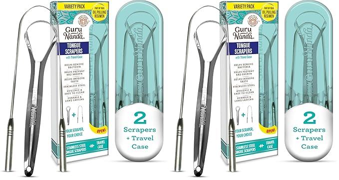 GuruNanda Spoon & U-Shaped Tongue Scraper Variety Pack (4 Pack) with Travel Case, 420 Medical Grade Stainless Steel, Promotes Fresh Breath & Oral Care