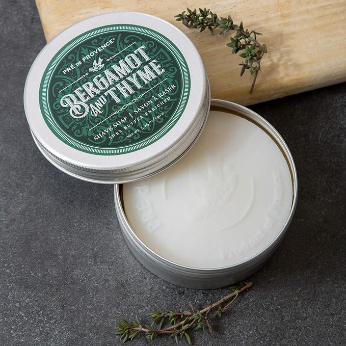 Pre de Provence Bergamot & Thyme Men's Fragrance Collection, Shave Soap in Tin, 150 G