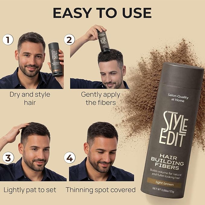 Style Edit Hair Building Fibers for Thinning Hair | Conceals Receding Hairlines, Fine Hair & Bald Spots for Fuller looking hair, 100% Plant-Based Thickening Powder for Men & Women, Light Brown 0.88oz