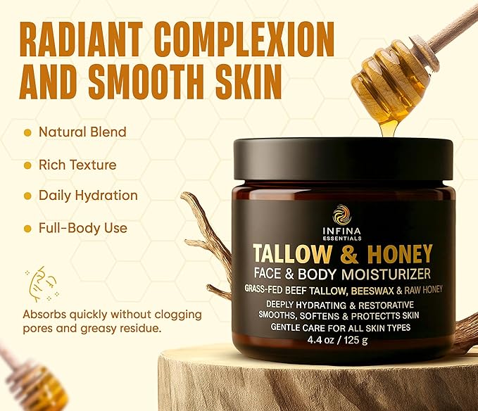 Beef Tallow for Skin with Raw Honey – Grass Fed Beef Tallow Face & Body Moisturizer - Balm Style Hydrating Cream with Beeswax & Olive Oil for Dry Skin, Hands & Feet – 4.4 oz