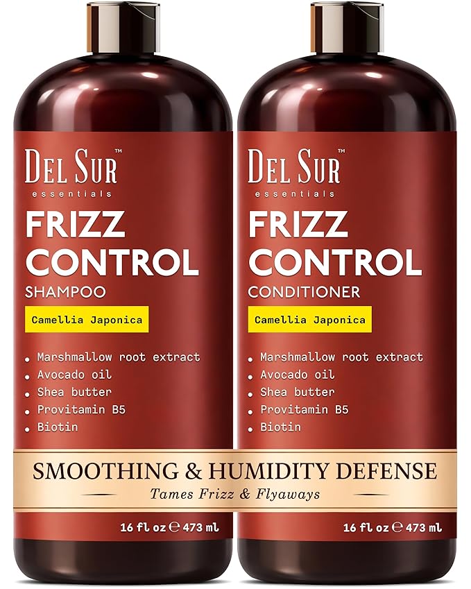 DEL SUR Frizz Control Shampoo and Conditioner Set | 16 fl oz Each | with Camellia Japonica, Shea Butter & Avocado Oil | Smoothing & Anti Frizz for Curly, Wavy & Straight Hair