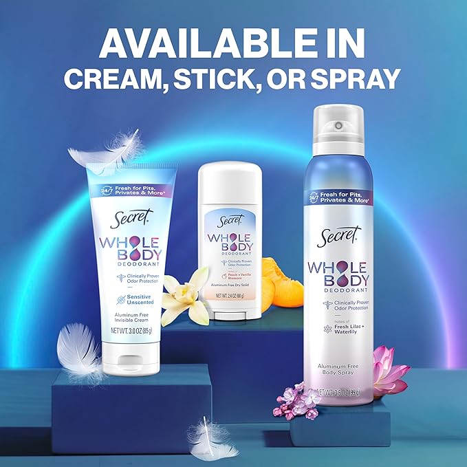 Secret Whole Body Deodorant for Women, Stick + Spray Bundle, Peach + Vanilla Blossom Scent, Aluminum Free, 72 HR Odor Protection, 2.4 oz & 3.5 oz (Pack of 2)