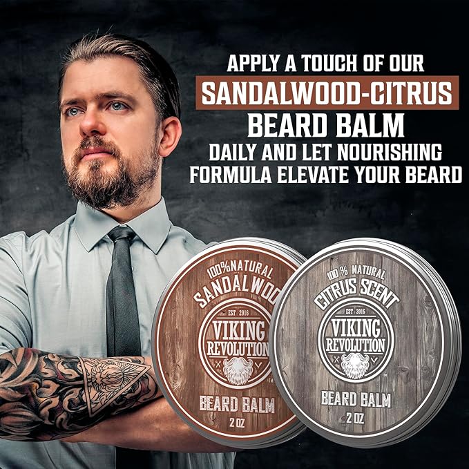 Viking Revolution Citrus and Sandalwood Beard Balm - Butter With Argan Oil, Softener With Jojoba Oil, Moisturizer With Beeswax - Wax for Men With Mango Butter (2oz, 2 Pack)