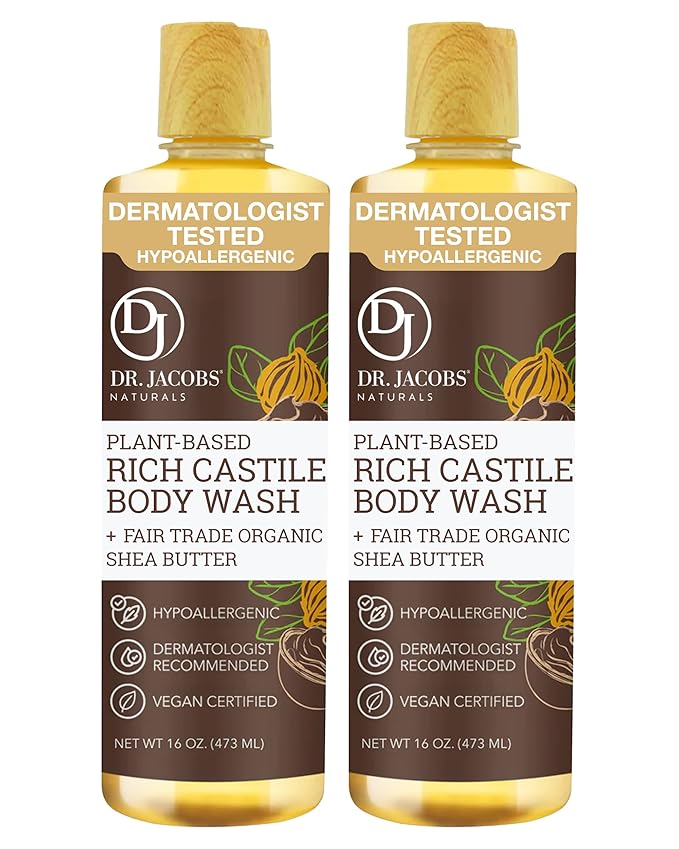 Dr. Jacobs Naturals Pure Castile Soap Liquid Body Wash, Shea Butter - Plant Based Soap Infused with Vitamin E and Aloe Vera to Moisturize Dry and Sensitive Skin - Made in The USA - 16 oz, Pack of 2
