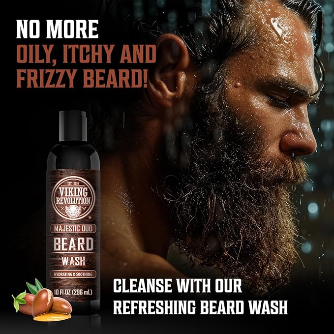 Viking Revolution Beard Wash and Beard Conditioner for Men with Argan Oil and Jojoba Oil - Beard Softener and Strengthener Beard Care Beard Shampoo and Conditioner with Beard Oil (10oz, Majestic Oud)