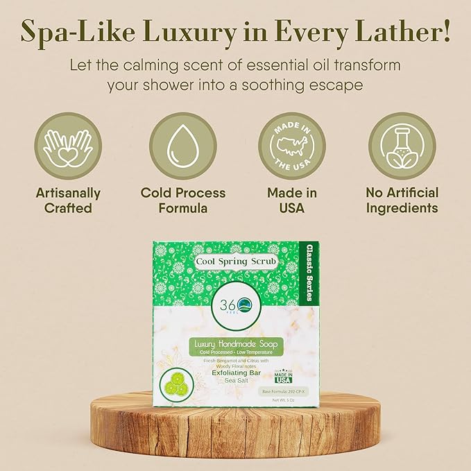 360Feel Cool Spring Scrub Soap - Made in the USA - Castile Handmade, All-Natural, Cold-Processed - Infused with Essential Oils for Gentle Exfoliation & Rich Lather - 5 oz