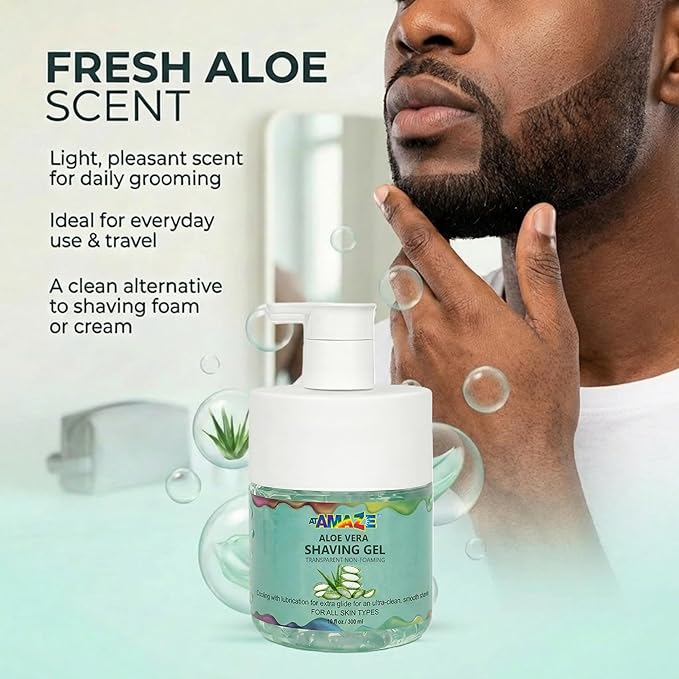 Aloe Vera Shaving Gel for Men & Women – Transparent Shave Gel with Aloe Vera, Natural Moisturizing & Cooling Shave Gel for Sensitive Skin, Smooth Razor Glide, Non-Foaming.
