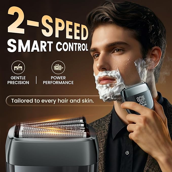 Electric Foil Shaver for Men: 5-Blade System, IPX8 Waterproof, LED Display with 2 Speeds, USB-C Fast Charge, Magnetic Guard & Brush, Travel Lock,Gray