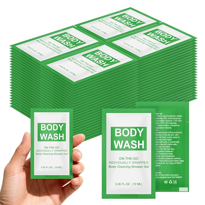 Travel Size Body Wash Packet Bulk Pack of 100,Individually Wrapped 0.35 fl oz(10 ml) Disposable Small Mini Bath Shower Gel Toiletries Supplies for Hotel,Guests,Homeless,Charity,Gym