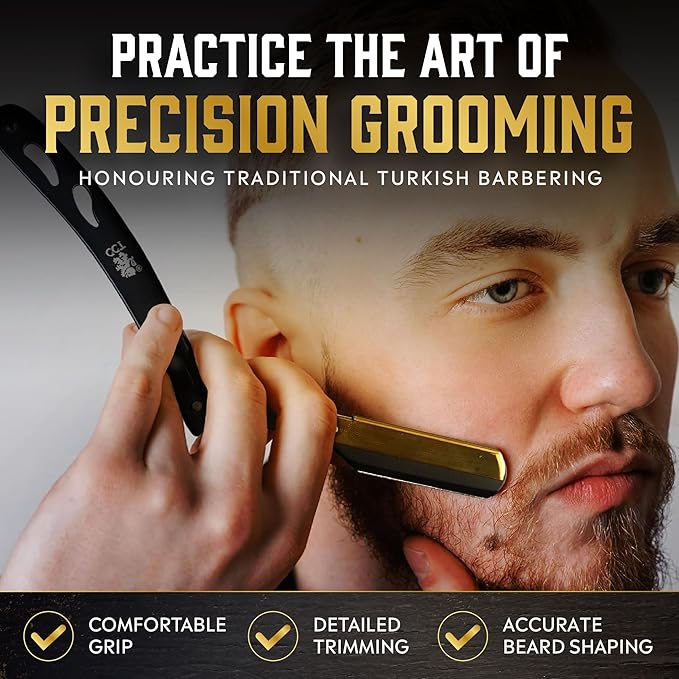 The Cambridge Cutthroat® Cut Throat Razor Kit with Blades & Travel Pouch - Black & Gold Stainless Steel Professional Barber Shaver Men - Straight Edge Moustache & Beard Shaper