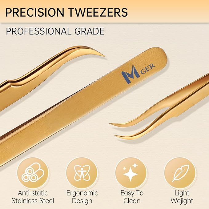 MGER Lash Tweezers for Eyelash Extension-Professional Lashing Tweezers for Mega Volume Mink Eyelashes Extensions Applying, Gold tweezers