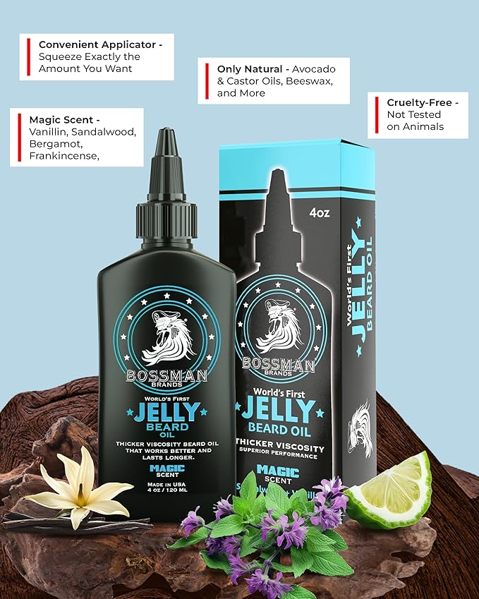 Bossman Jelly Beard Oil for Men (4 oz, Magic Scent) – Softens, Moisturizes & Conditions with Natural Ingredients