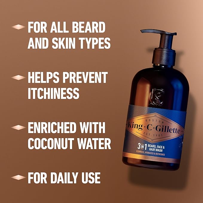 King C. Gillette Beard Wash,Mens Face Wash,11 oz,Infused with Argan Oil and Avocado Oil to Cleanse Hair and Skin,(Pack of 2)