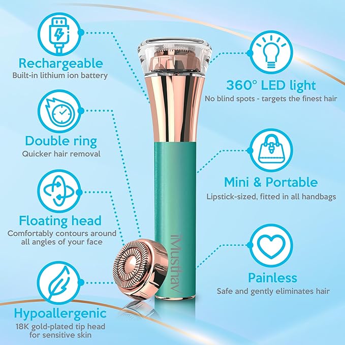 Facial Hair Remover for Women – Painless Flawless Electric Razor, Epilator & Trimmer 18K Gold-Plated Dual Ring Floating Head 20mm, USB Rechargeable, 360° LED Light for Face, Lip & Chin