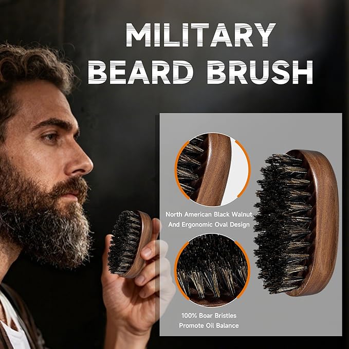 BFWood Mens Beard Brush Comb Kit: Small Travel Beard Set - Natural Boar Bristles With Black Walnut Wood, Grooming Sandalwood Mustache Comb, Mustache Trimming Sissors With Storage Bag