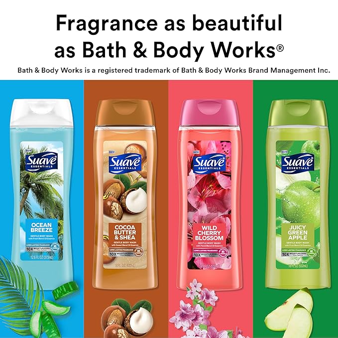 Suave Moisturizing Body Wash, with Wild Cherry Blossom and Vitamin E Extract, No Parabens, No Phtahaltes, 18 Oz Pack of 12