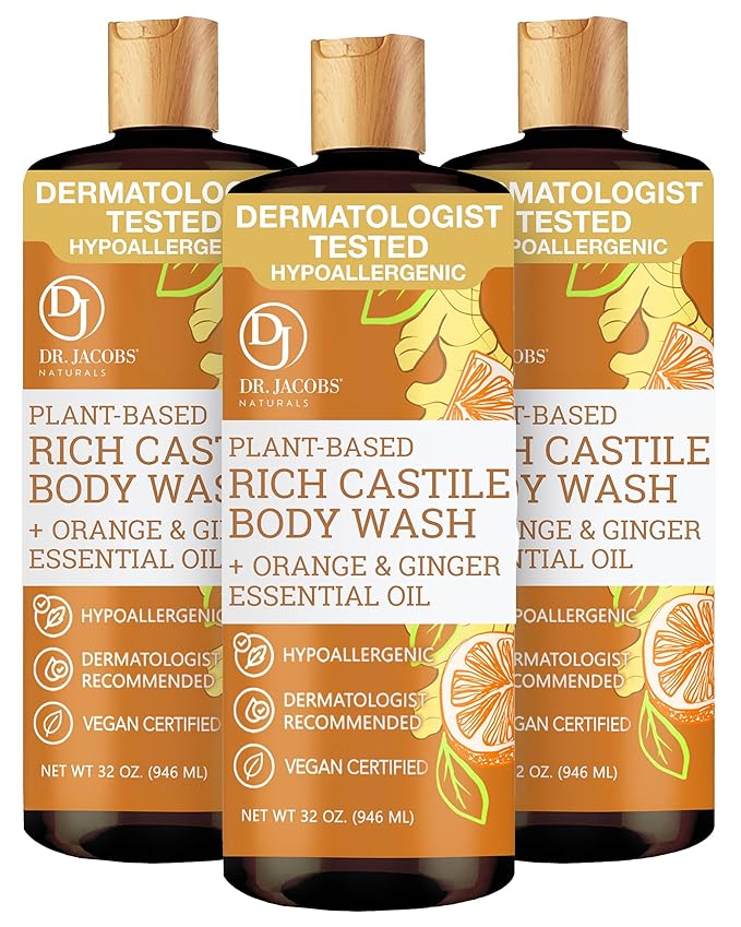 Dr. Jacobs Naturals Pure Castile Soap Liquid Body Wash, Orange & Ginger - Plant Based Soap Infused with Vitamin E & Aloe Vera to Moisturize Dry and Sensitive Skin - Made in The USA - 32 oz, Pack of 3
