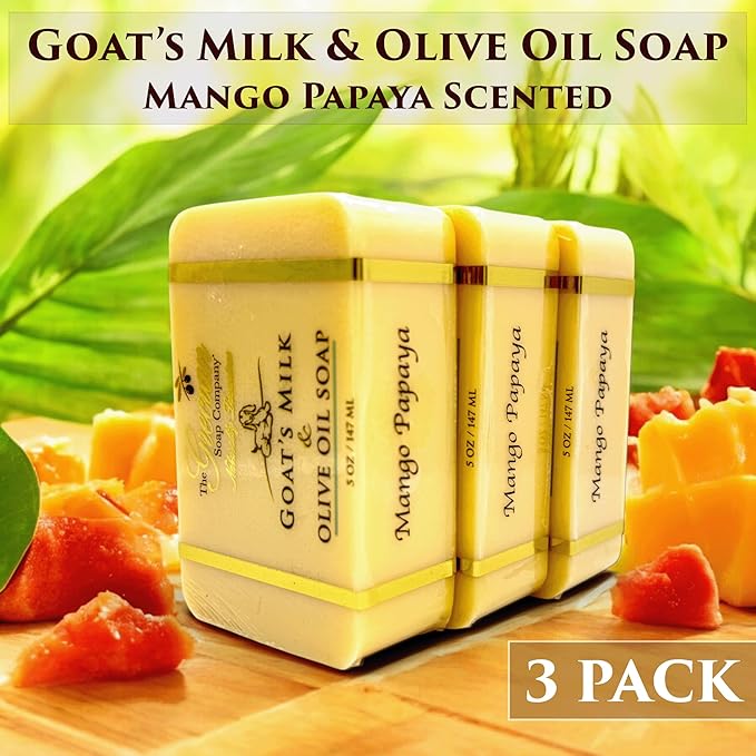 The Grecian Soap Company Goat Milk & Olive Oil Bar 3-Pack – Mango Papaya Scent, Natural Moisturizing Soap Bars, Made in USA