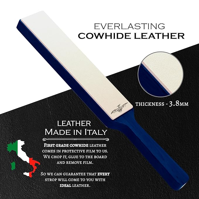 Leather Strop for Knife Sharpening Made from Premium Italian Leather, 14" Knife Strop with Storage Bag and 2 Polishing Compound for Various Knives, Razors, Axes, Chisels and Knives, Blue