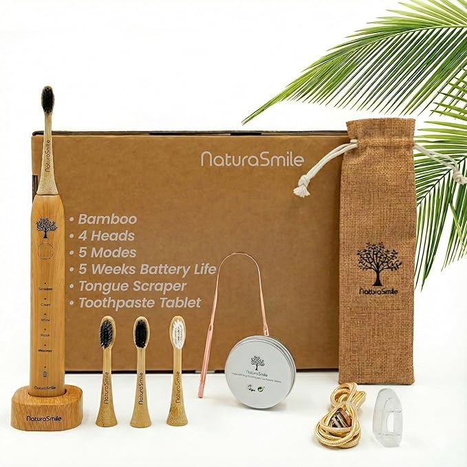 Bamboo Electric Toothbrush for Adult, Sonic Electric Tooth Brush with Pressure Sensor, 4 Biodegradable Heads, 5 Modes, 6-Weeks Battery, Tongue Scraper, Toothpaste Tablets, Travel Bag