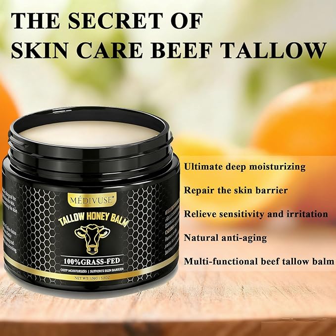 Tallow and Honey Balm - 100% Grass-Fed Beef Tallow for Skin with Organic Raw Honey - Deeply Moisturizing Beef Tallow for Face Body - Natural Formula Care for Dry & Sensitive Skin (5.3 OZ), Citrus