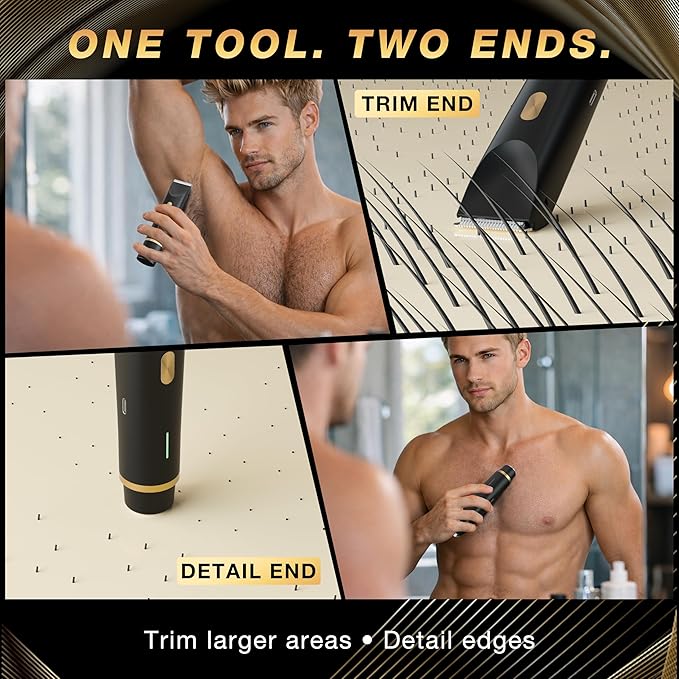 Body Trimmer for Men, Groin & Pubic Hair Trimmer, Dual-Head Electric Body Groomer for Chest, Legs, Underarms & Below-the-Waist Care, USB-C Rechargeable, Rinse-Clean, Gift for Him(Black Gold)