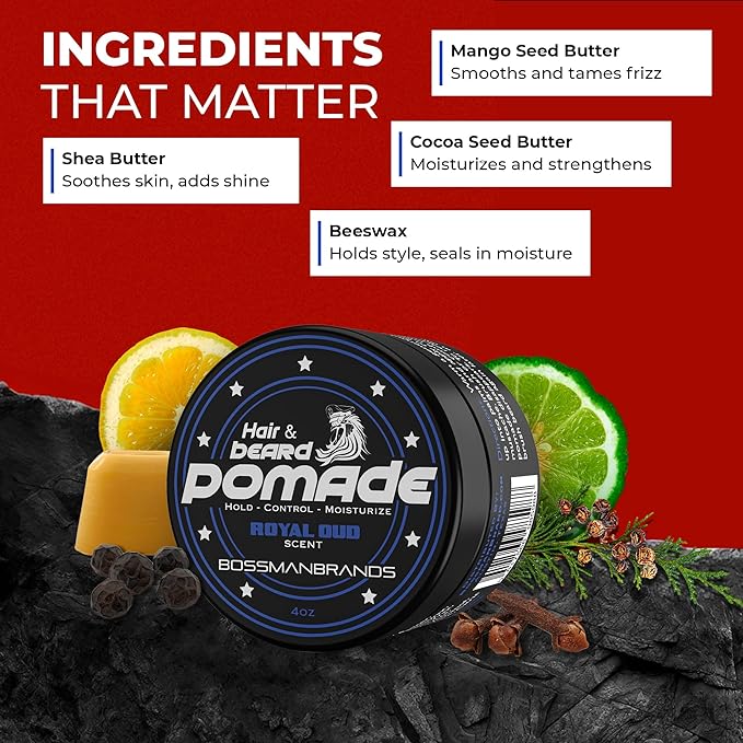 Bossman Hair & Beard Pomade for Men (Royal Oud Scent) – Medium Hold & Moisturizing for Hair, Beard & Mustache Styling – Made in USA