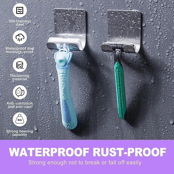 Adhesive Razor Holder & Hook Combo Pack (2+2) - Waterproof 304 Stainless Steel Organizers for Bathroom, Shower, Kitchen Use