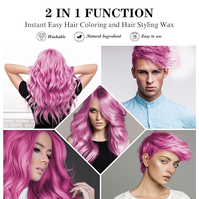 Temporary Pink Hair Color Wax with Dye Brush, Instant Natural Hairstyle Cream 4.23 oz, Disposable Coloring Mud for Men Women Youth, Washable Styling Pomades, Party Cosplay DIY Halloween