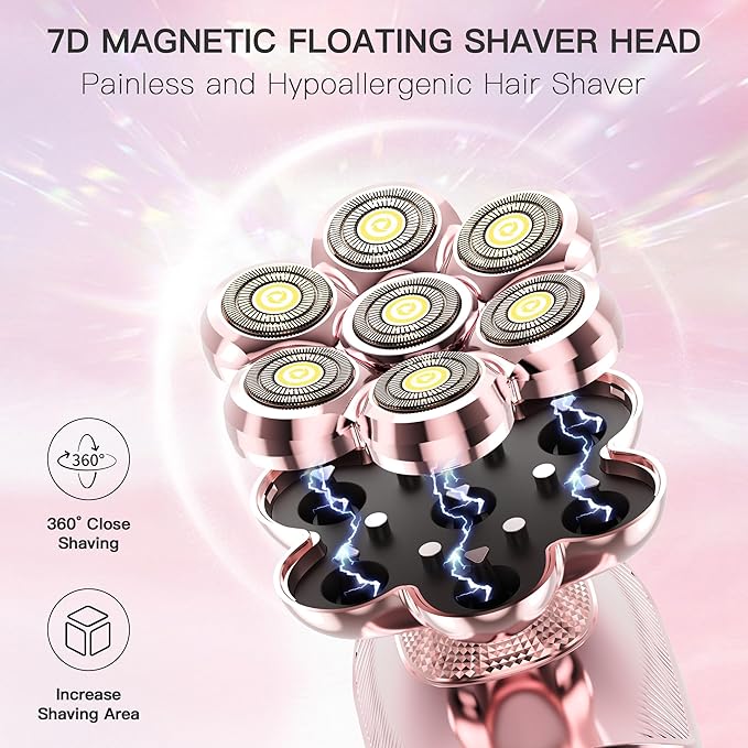 7D Electric Shaver for Women – Upgraded Electric Razor for Women with Rotary Floating Magnetic Head, Detachable and Waterproof, Painless Hair Remover for Legs, Bikini, Face, Sensitive Skin