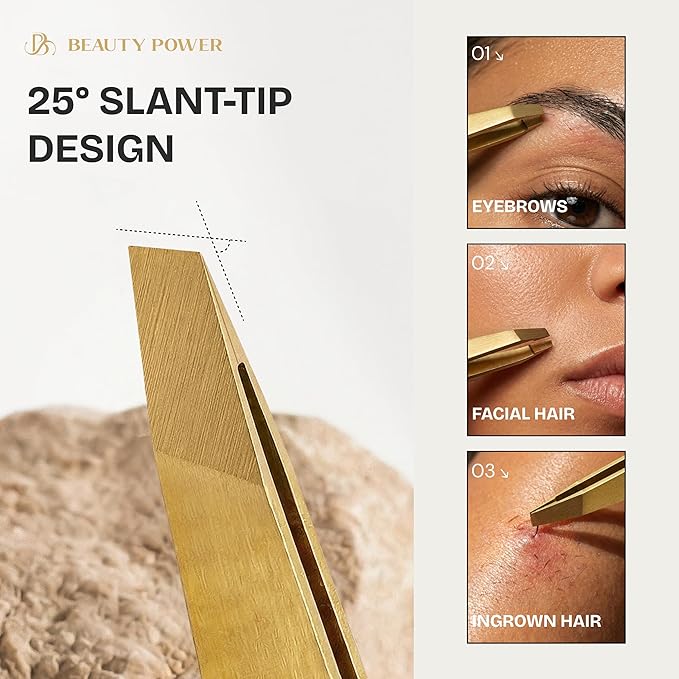 Professional Tweezers in Case - Slant, Durable Lightweight German Stainless Steel, Ultra Precision Tweezers for Eyebrows, Facial Hair, Chin, and Ingrown Hair Removal - Gift (Gold)