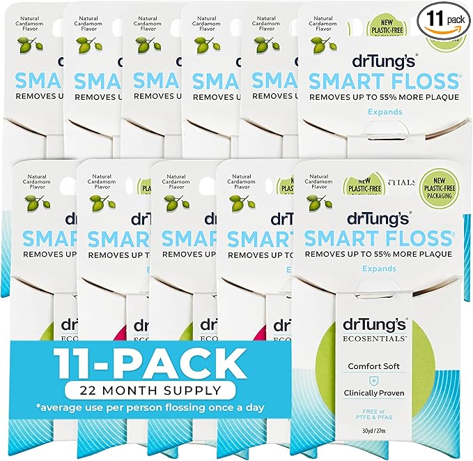 DrTung's Smart Floss - Natural Floss, PTFE & PFAS Free Floss, Gentle on Gums, Expands & Stretches, BPA Free - Natural Dental Floss Cardamom Flavor (Pack of 11)