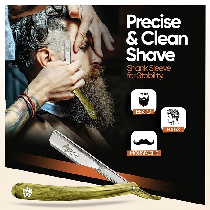 Professional Straight Razors For Men 2mm Exposed Blade Straight Edge Barber Razor Kit For Close Shaving - Beard Navajas Para Barbero Shavette 10 Shaving Blades By Krisp Beauty (Yellow Marble Design)