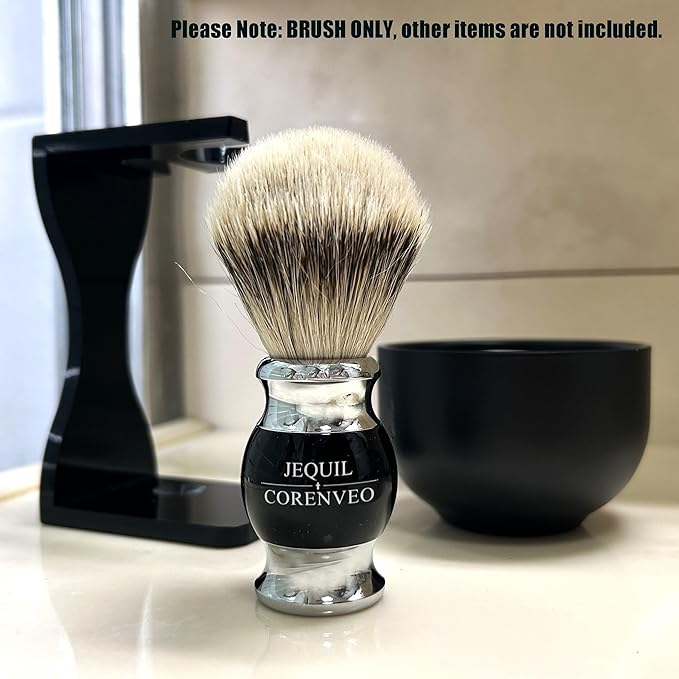 JEQUIL&CORENVEO 100% Silvertip Badger Hair Shaving Brush, Handmade Shaving Brush with Fine Resin Handle and Stainless Steel Base (Black)