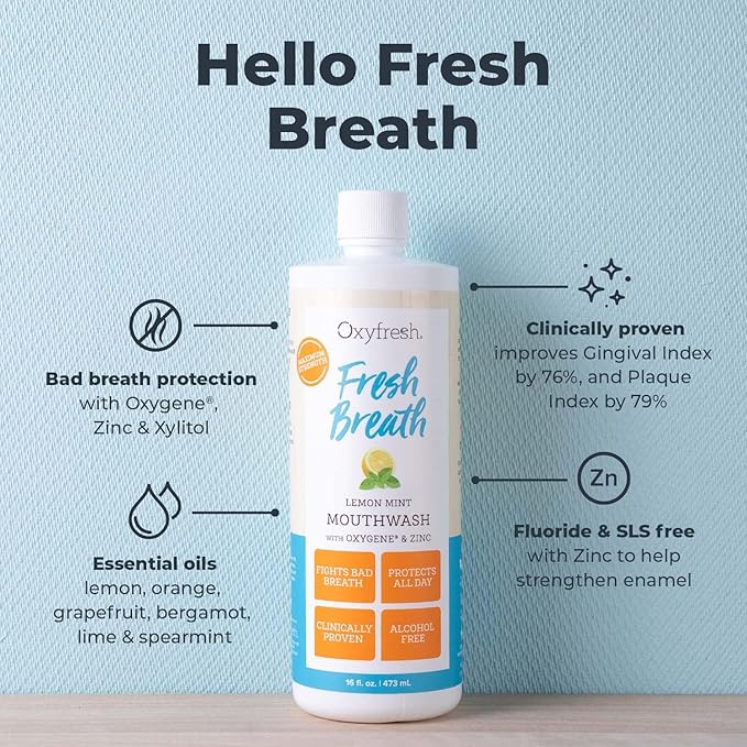 Oxyfresh Lemon Mint Fresh Breath Mouthwash – Bad Breath Treatment – SLS & Fluoride Free – Alcohol Free, Gentle Nonburning with Xylitol & Essential Oils – 16 Fl Oz (Pack of 2)