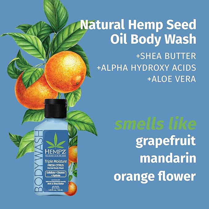 Hempz NEW Mini Body Wash, Triple Moisture Fresh Citrus, Travel Size Shower Gel, 2.25 oz.
