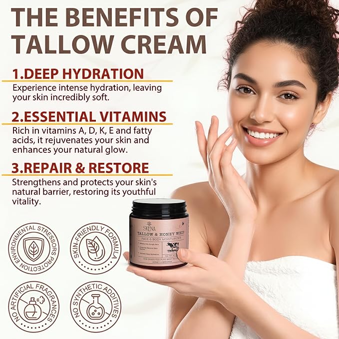 Grass-Fed Beef Tallow Moisturizer with Honey & Beeswax – Whipped Tallow Face Cream for Deep Hydration – Natural Face & Body Balm for Dry, Sensitive Skin – 4.2 oz for Men & Women