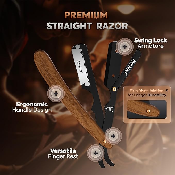 Markhor® Straight Razors for Men with 100 Single Edge Razor Blades | Rose Wood Matte Black Barber Straight Razor | Straight Edge Razor | Barber Razor Blade | Navajas Para Barbero