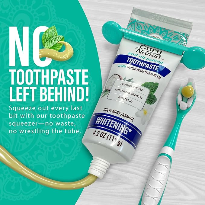 GuruNanda Hydroxyapatite Toothpaste, SLS & Fluoride Free (4 Pack), Whitening Toothpaste - Freshens Breath, Fights Plaque - with 2 Toothbrushes, 2 Tongue Scrapers & 2 Tube Squeezers