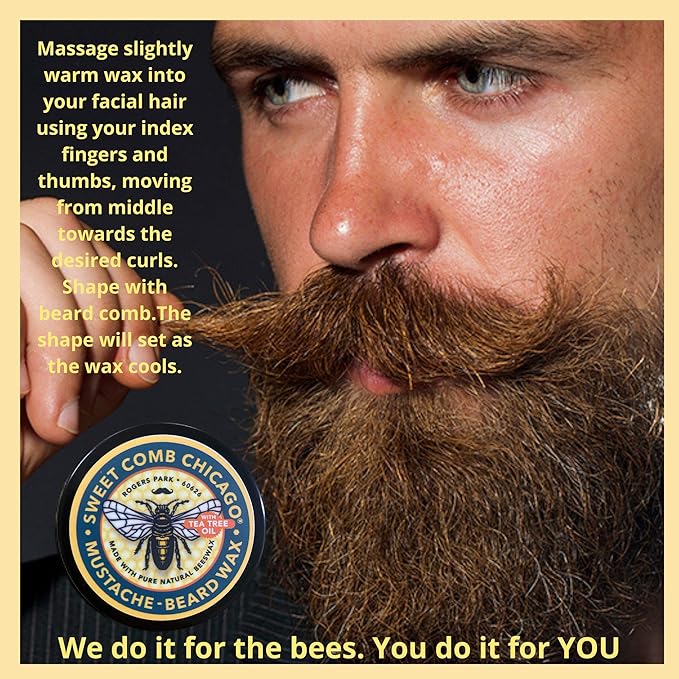Sweet Comb Chicago Mustache & Beard Styling Wax, Medium Hold for Styling Men's Facial Hair, Great for Handlebar, Zappa, Beards to a Full, Square or Even Short Box Style Now with Tea Tree Oil