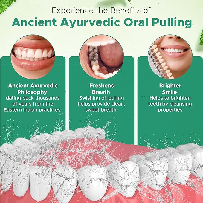 Natural Oil Pulling for Teeth and Gums | Organic Mint Flavored Oral Rinse Mouthwash for Bad Breath | Essential Oil & Teeth Whitening Gum for Freshen Breath | Cobalt Glass Bottle with Refill-16 FL Oz