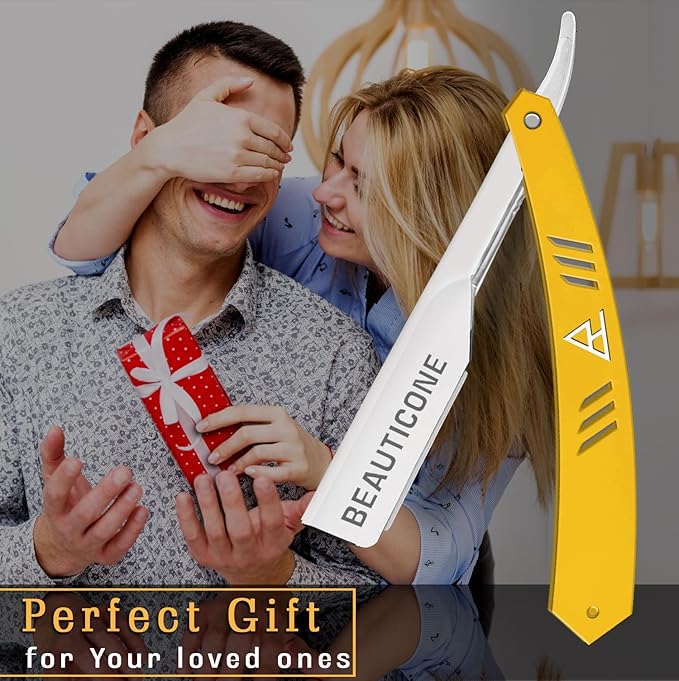 BEAUTICONE Straight Razors for Men, Straight Edge Razor, 100 Single Edge Blades, Stainless Steel, Barber Razor for Men's Shaving, Barber Shaving Knife
