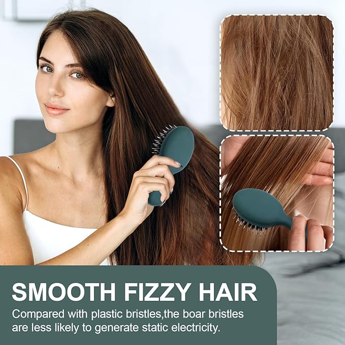 Mini Boar Bristles Hair Bursh, Travel Size Hair Brush for Women Men Kids, Protable Small Hair Brushes for Pockets Purses, Mini Hair Brush for Smooth Add Shine (1 Pack-Green)
