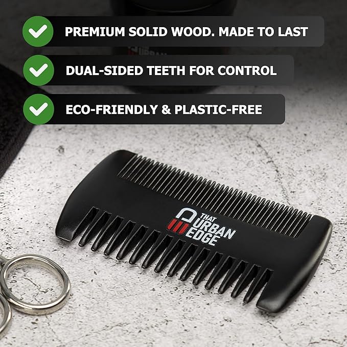 That Urban Edge Wooden Beard Comb for Men | Anti-Static Dual-Sided Wide & Fine Tooth Beard Pick & Mustache Comb | Smooth No-Snag Grooming, Pocket-Size Detangler