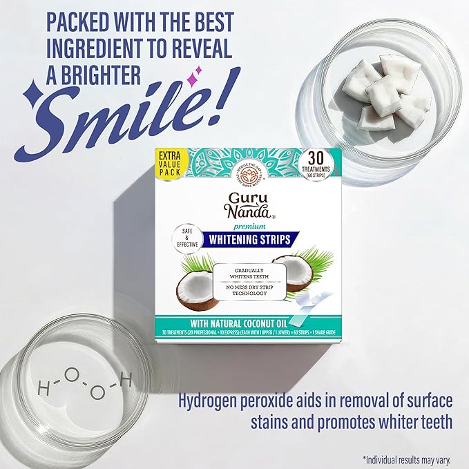 GuruNanda Teeth Whitening Strips - 30-Day Treatment with Non-Slip, Dry Strip Technology - Whitening Designed with Care for a Brighter Smile