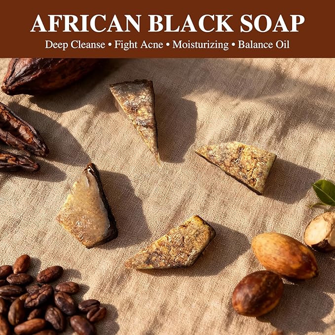 African Black Soap, 100% Pure & Natural, For Face & Body Fight Acne, Eczema & Oily Skin, With Raw Shea Butter, Palm Kernel Oil & Cocoa Pod Ash, 8 Oz