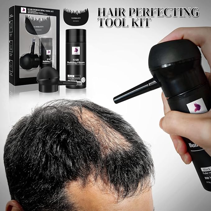 Hair Thickening Fibers & Applicator Set - Natural Long-Lasting Concealer for Fuller Hair, Thicker Beard & Crisp Hairlines (BLACK)